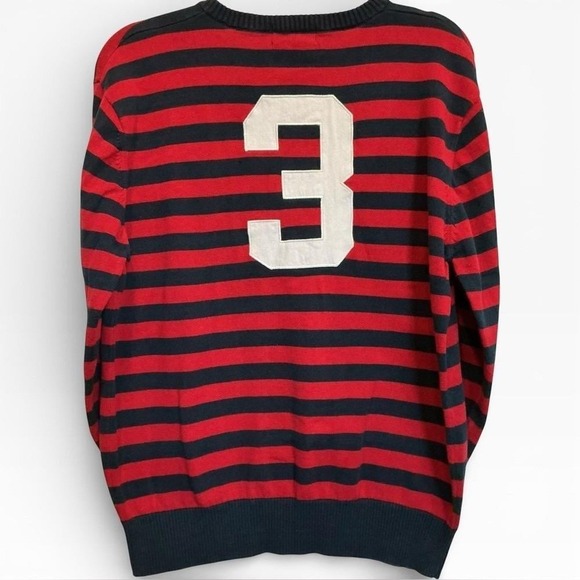 Ralph Lauren Polo Vintage Rugby Stripe V-Neck Sweater XL Big Pony Patch Red Navy - Picture 2 of 5